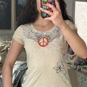 Mudd Beige Graphic Tee with Peace and Floral Design
